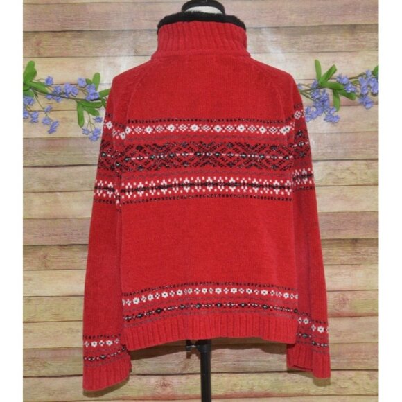 Carolyn Taylor Ladies Red Full Zip Faux Fur Fair Isle Sweater Cardigan Size XL - Picture 10 of 15